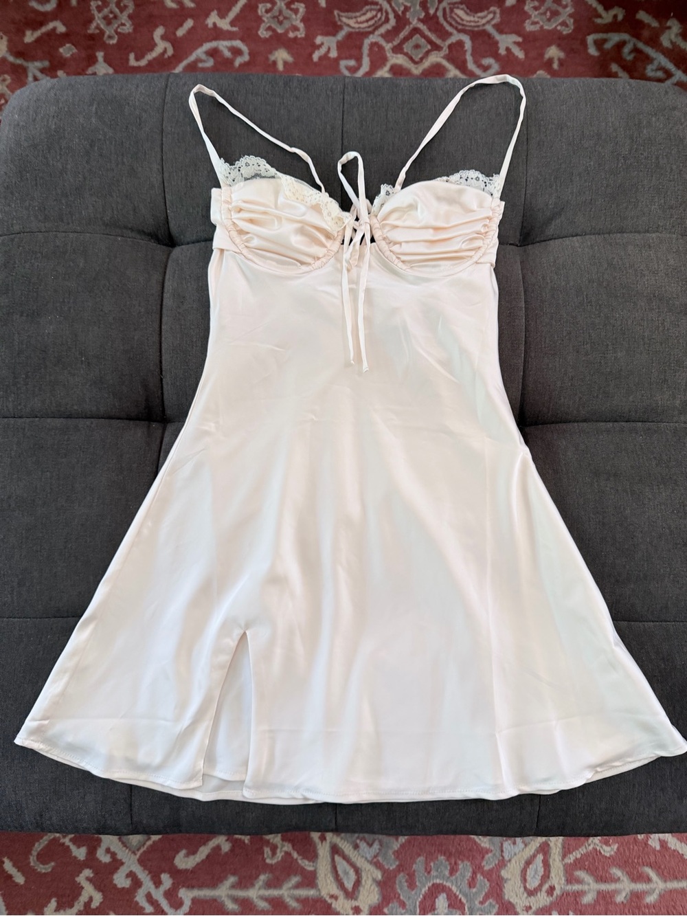 Lace-Trim Tie-Front Mini Dress in Cream - Picture 5 of 7